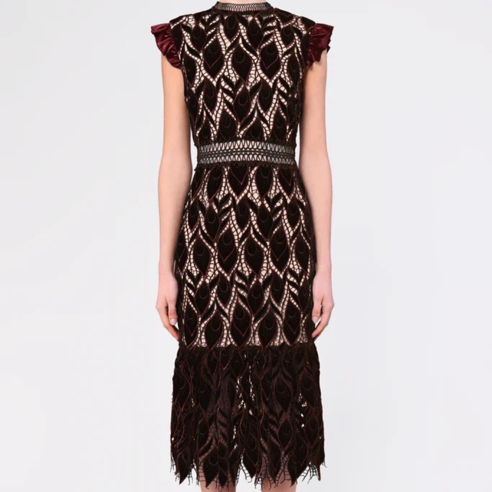 True Decadence Black Burgundy Cut Work Velvet Midi Dress